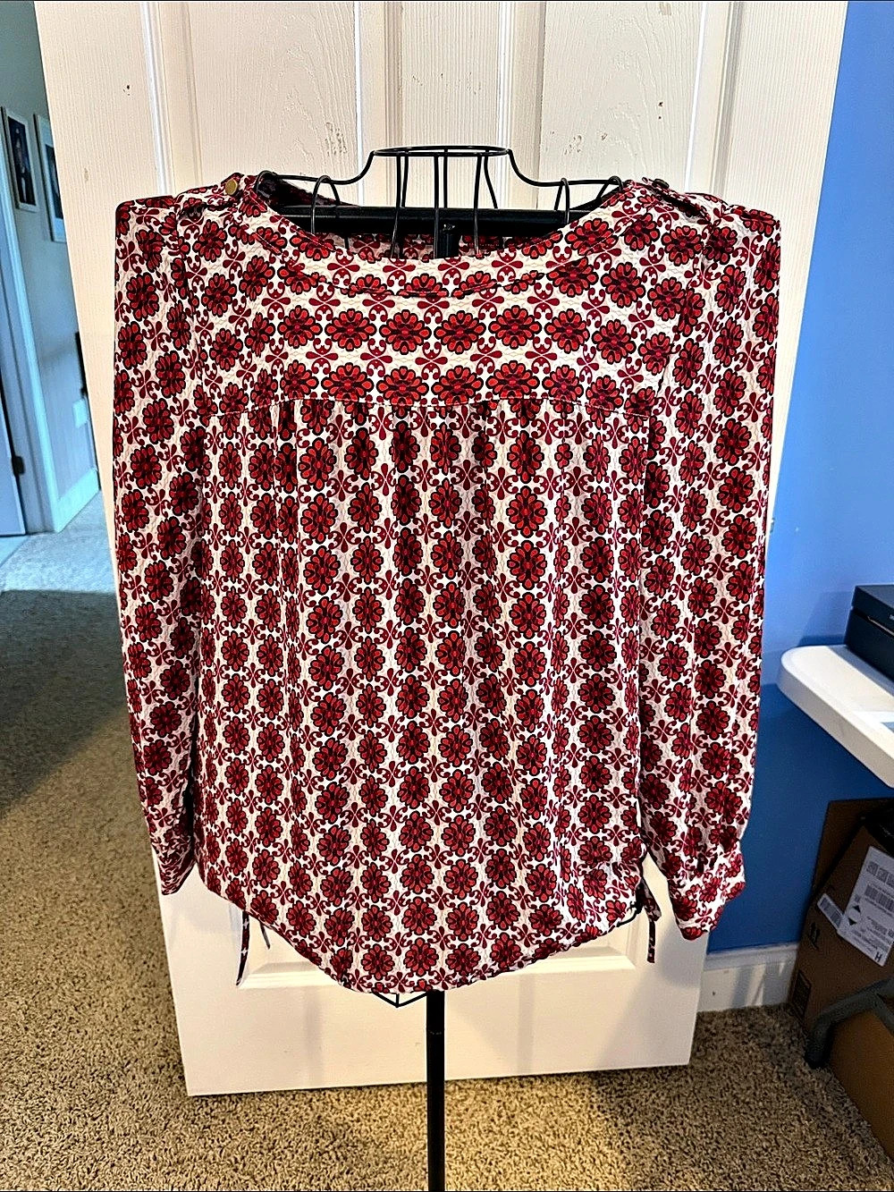 LOFT Floral Blouse Long Sleeve in Red & White Large